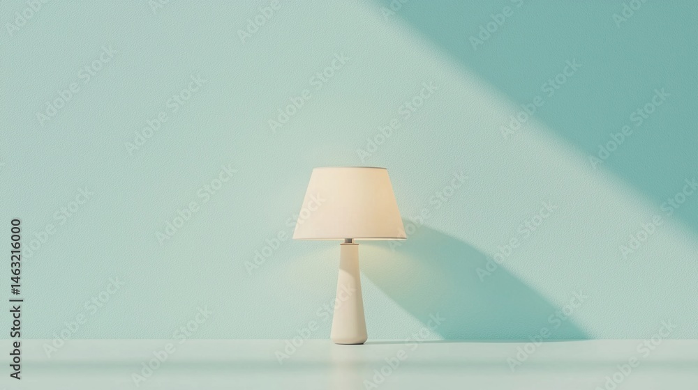 Poster a minimalistic table lamp casts a shadow on a light blue wall, creating a calm and modern ambiance.