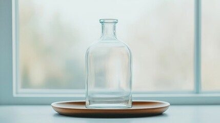 A clear glass bottle sits on a wooden plate in front of a bright window, creating a minimalist and serene scene.