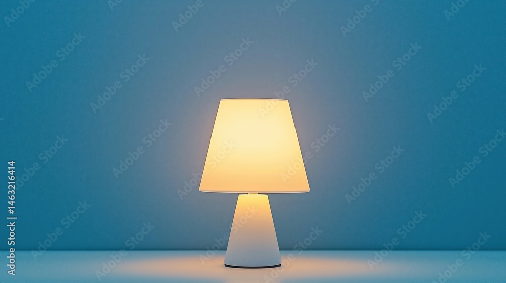 Poster a modern table lamp emits a warm glow, illuminating a simple blue background in a minimalistic setti