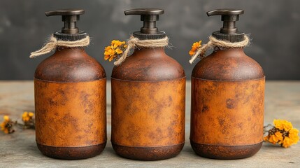 Rustic Brown Pump Bottles with Spa Decor.