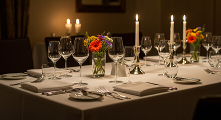 Elegant dinner table setup with candles and flowers for special occasion or romantic fine dining experience