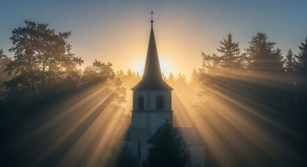 Obraz premium Sunrise Illuminates a Country Church Steeple