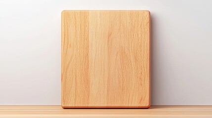 Naklejka premium A plain wooden cutting board stands upright on a wooden surface against a neutral background.