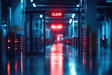 Red light illuminating a hallway, casting shadows.