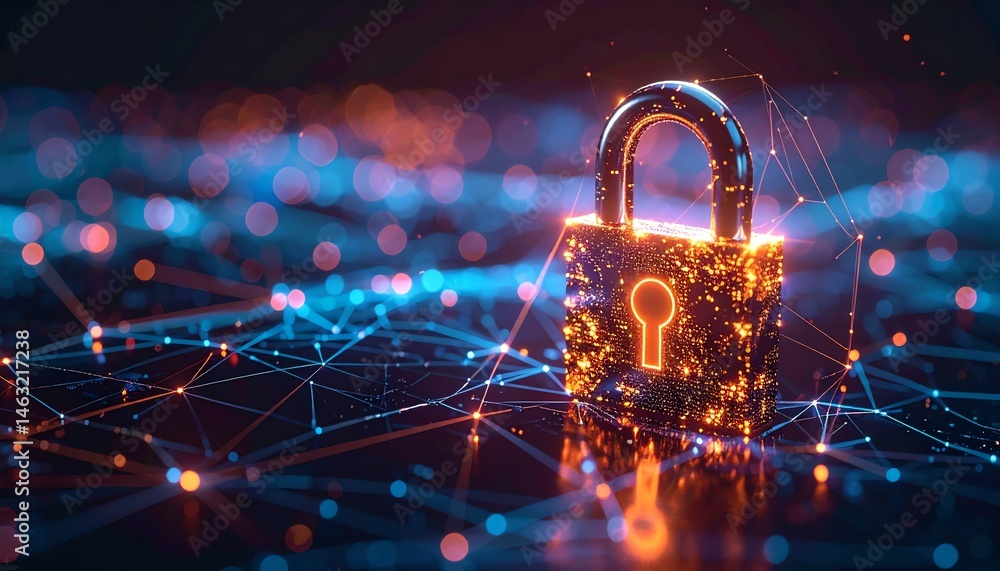 Poster a glowing digital padlock symbolizing cybersecurity and data protection amidst a network of intercon