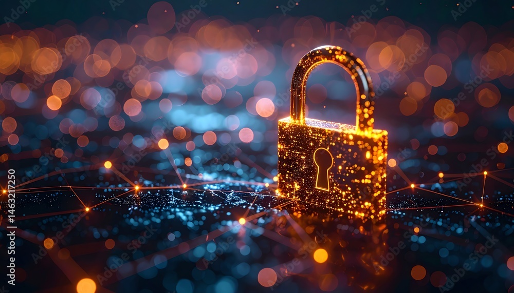 Poster a glowing lock symbolizing cybersecurity and data protection amidst a network of lights