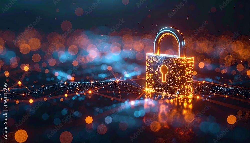 Poster a glowing digital padlock symbolizes cybersecurity and data protection amidst a backdrop of shimmeri