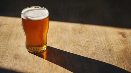 A pint glass of amber beer sits on a wooden table, casting a long shadow in the sunlight.