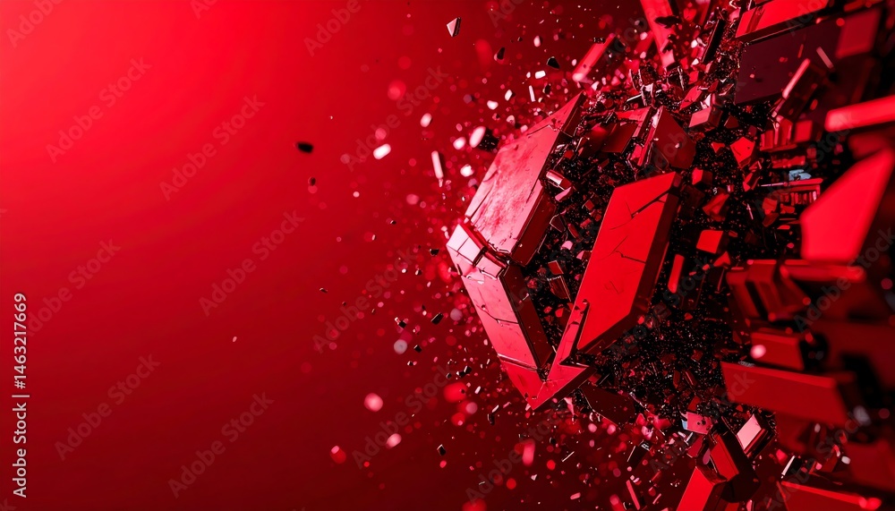 Poster dynamic red abstract composition featuring fragmented geometric shapes exploding outward, creating a