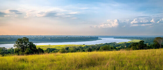 Panoramic Scenic View Of River Valley With Golden Grass Field At Sunset