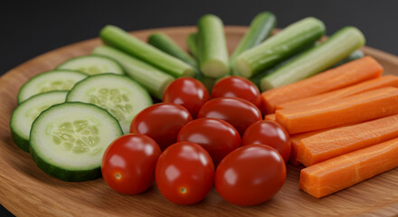 Healthy vegetable platter with cucumbers tomatoes and carrots for fresh snack or appetizer idea