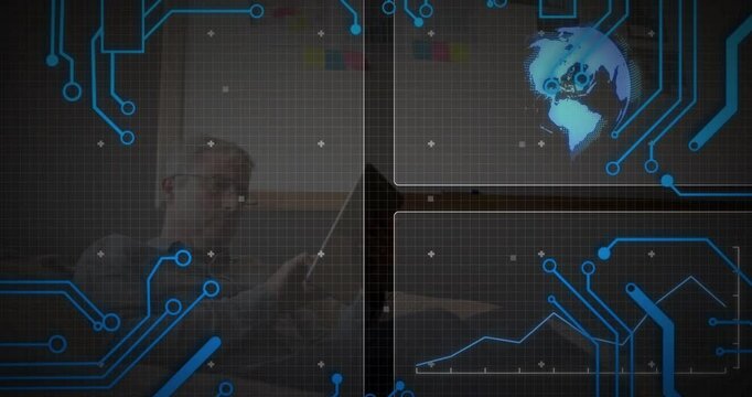 Man using laptop in office, showing technology overlay with animated circuit grid code globe graph