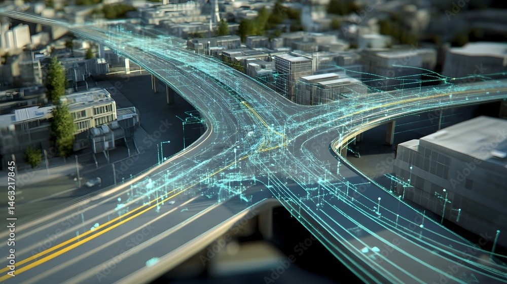 Poster urban highway intersection with overlayed data visualization.