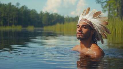 Man in headdress with calm lake.