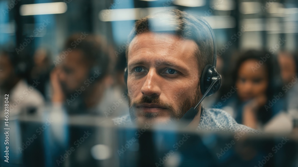 Poster focused man with a headset works in a busy call center, surrounded by colleagues at computer station