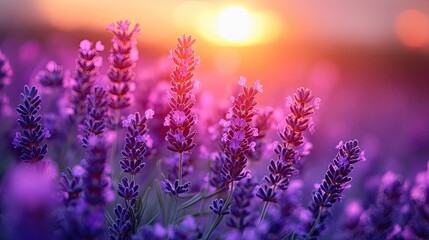 Lavender field at sunset. Vibrant purple lavender blossoms in a sun-drenched field, bathed in warm golden light as the sun sets