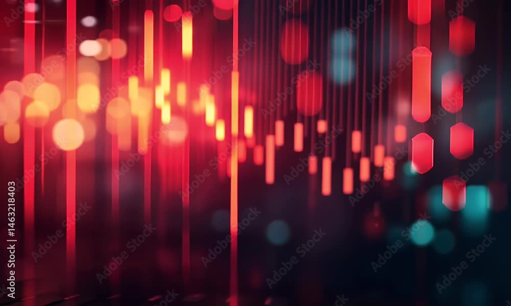Poster close-up of a red stock market graph on a digital display, showing a falling trend line with a large