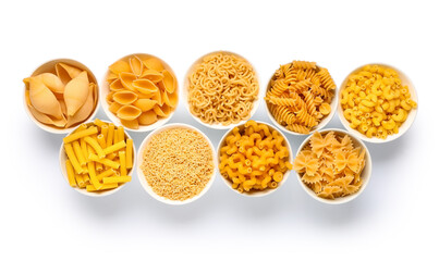 Bowls with different types of raw pasta on white background