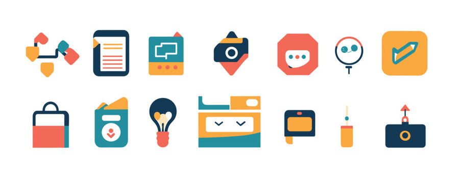 Colorful app icons collection featuring technology, communication, and creativity symbols.