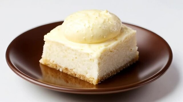 Creamy Cheesecake Slice on Brown Plate Against White Background For Culinary Projects And Dessert Themes