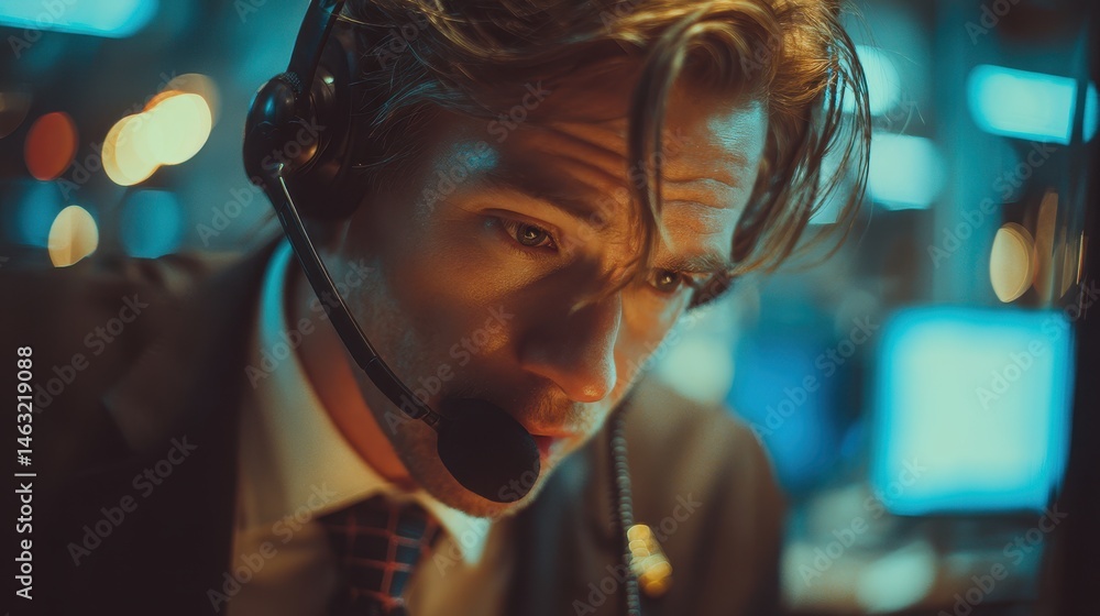 Poster a focused man wearing a headset works in a busy, dimly lit office environment with computer screens 