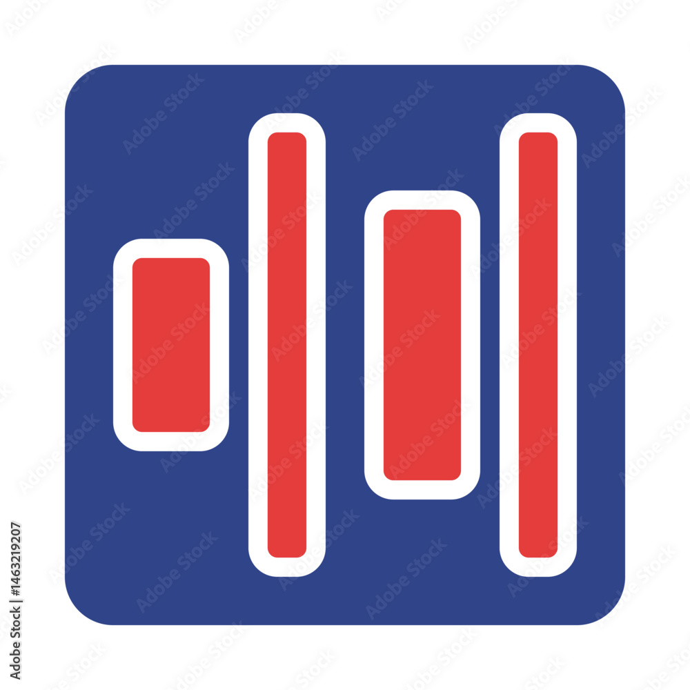 Poster geometric abstraction featuring red bars in a blue rounded square composition