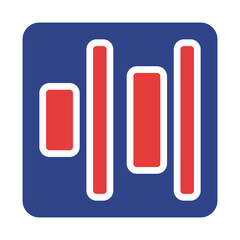 Geometric abstraction featuring red bars in a blue rounded square composition