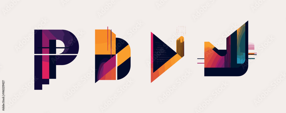 Poster colorful abstract geometric shapes on white background with bold patterns and lines.