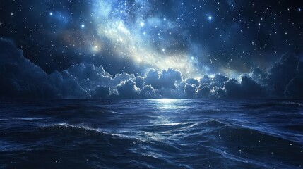 Fototapeta premium Celestial seascape: ocean under a starry nebula sky with cloud formations