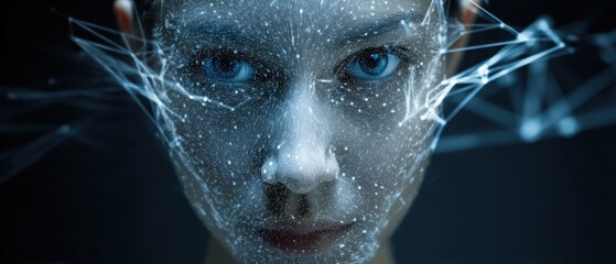 Close-up of woman with digital face overlay.