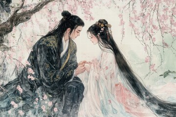 Picture of an elegant scholar playing the piano in ancient style