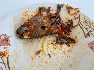 Eaten Fish Head on Plate Remains After Meal