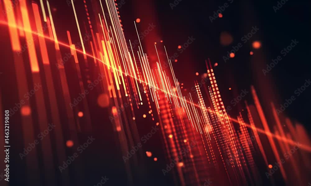 Poster close-up of a red stock market graph on a digital display, showing a falling trend line with a large