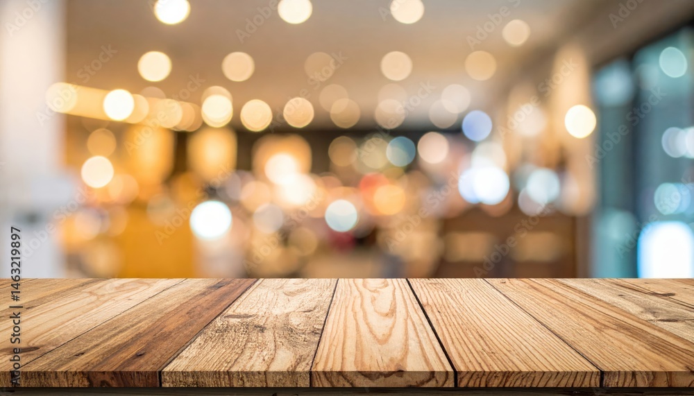 Poster wooden table surface with a blurred background of lights and colors, creating a warm and inviting at
