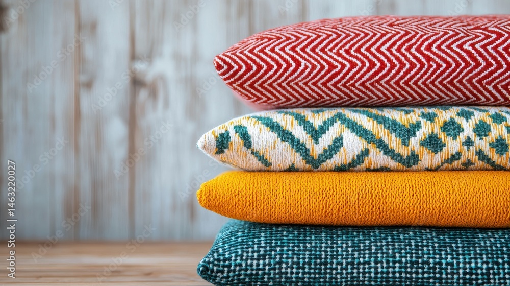 Poster stack of colorful textiles with geometric patterns on wooden background for interior design inspirat