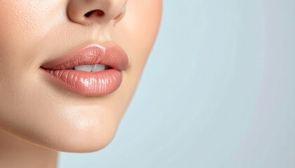 Obraz premium Close-up of a woman's lips, showcasing a natural, polished look with a soft sheen against a light background