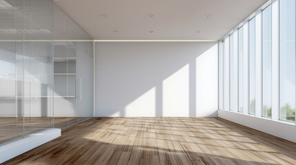 Empty room with hardwood floor, white walls, and sunlight through large windows
