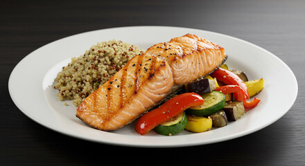 Grilled salmon recipe with quinoa and vegetables healthy food diet meal for dinner lunch delicious plate