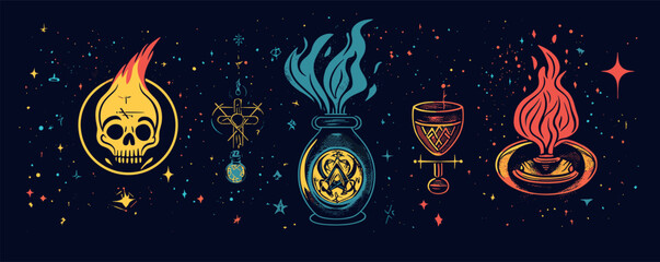 Mystical symbols with fiery elements and stars on dark background.