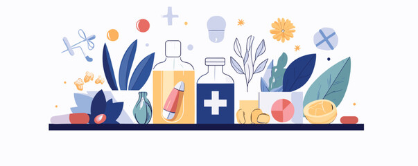 Herbal medicine concept with natural remedies and organic ingredients on shelf.