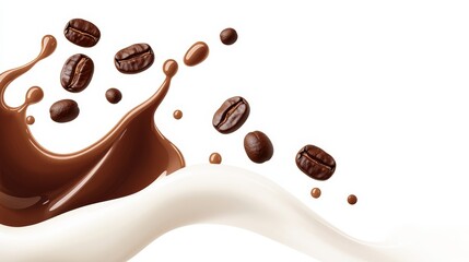 Coffee Beans Splash with Chocolate and Milk, beverage ,coffee art
