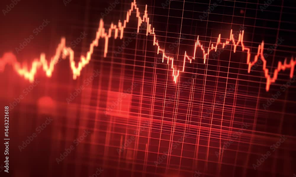 Poster close-up of a red stock market graph on a digital display, showing a falling trend line with a large