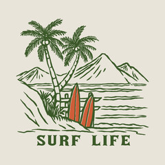 A beach illustration of surfboards resting on the sand near palm trees, with a scenic view of waves and distant mountains, expressing a carefree surf lifestyle.