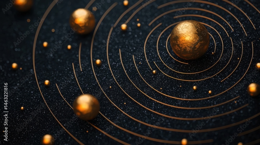 Aufkleber abstract golden orbs in spiral patterns with shimmering dust on a dark background for creative desig