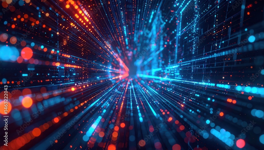 Poster a vibrant digital tunnel of glowing blue and red particles, representing data flow and technological