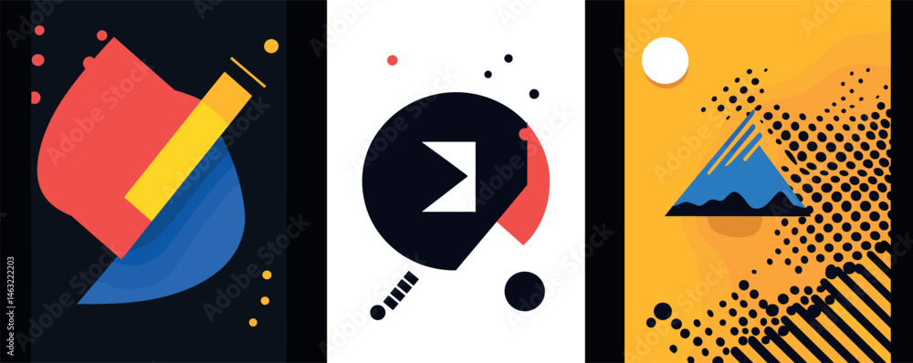 Poster abstract geometric art compositions with bold colors and shapes in triptych layout.