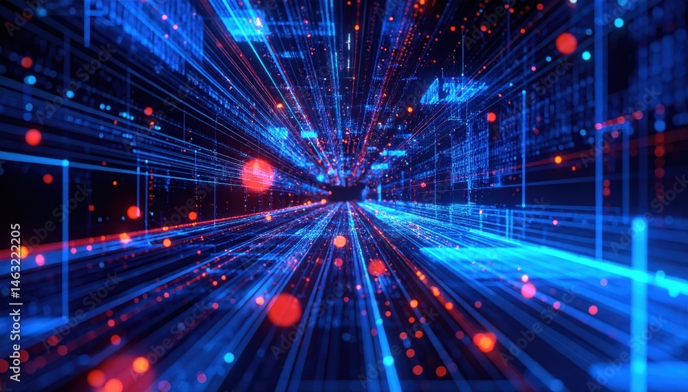 Poster a vibrant digital tunnel of blue and red lines, representing data flow and connectivity in a futuris