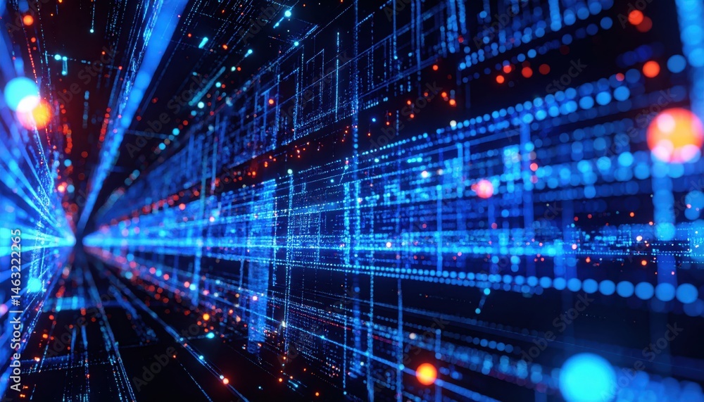 Aufkleber a vibrant digital tunnel of blue and red lights, representing data flow and technology, creates a fu