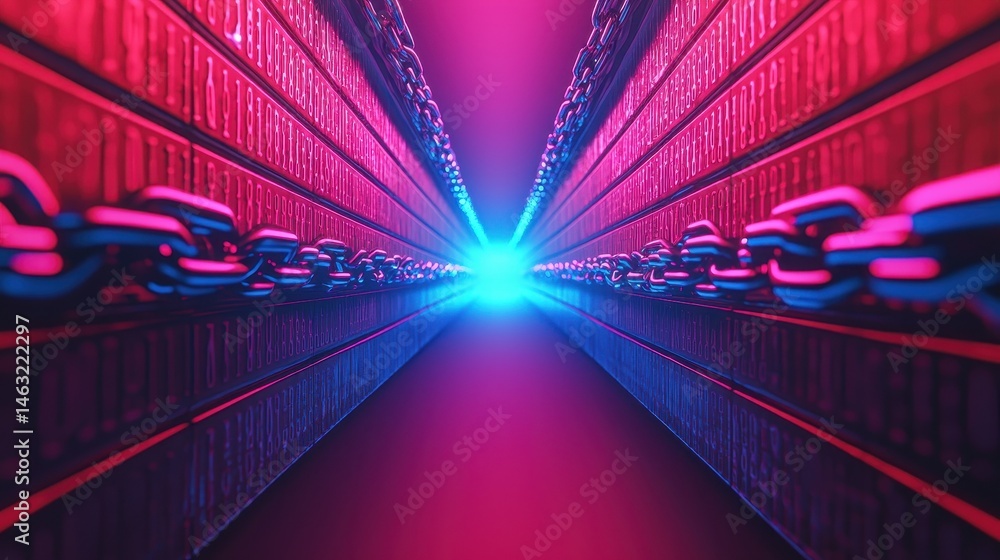 Poster futuristic digital corridor with glowing light and chains representing data security and technology 