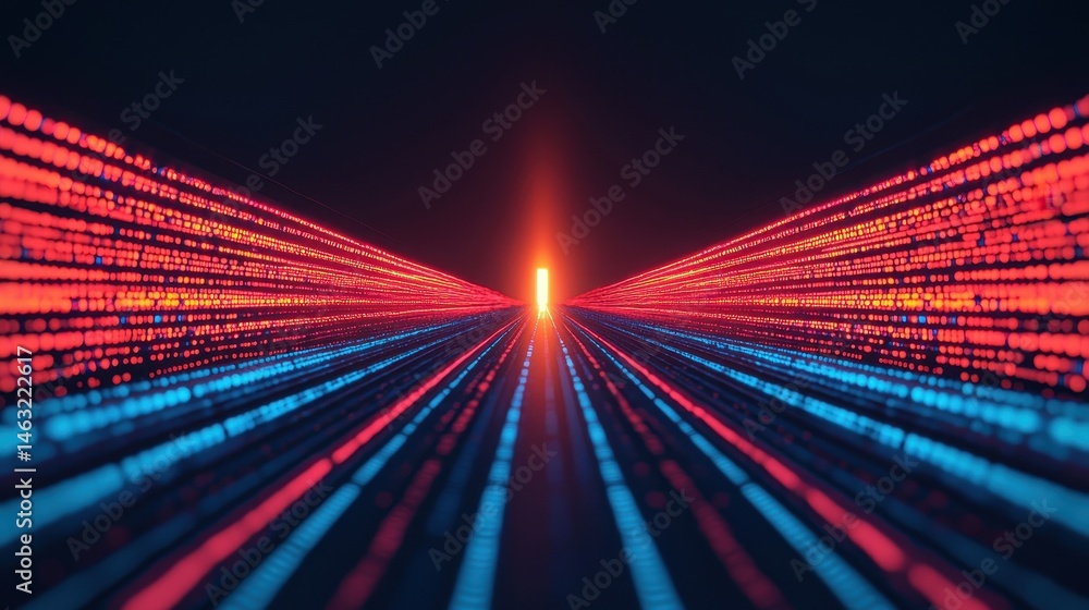 Poster abstract futuristic background with glowing lines of red and blue data streams leading to a bright c